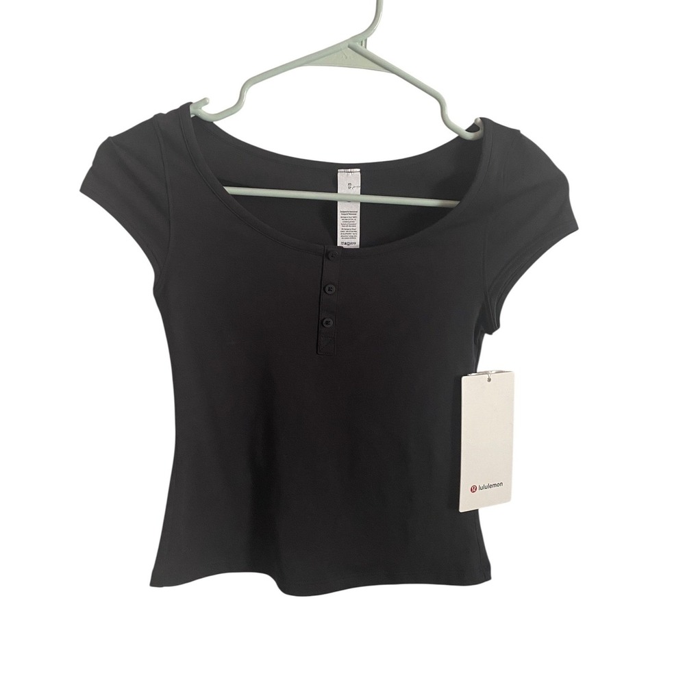 Lululemon Cap-Sleeve Henley T-Shirt Black LW3IGFS Pima Cotton Stretch Top XS NWT